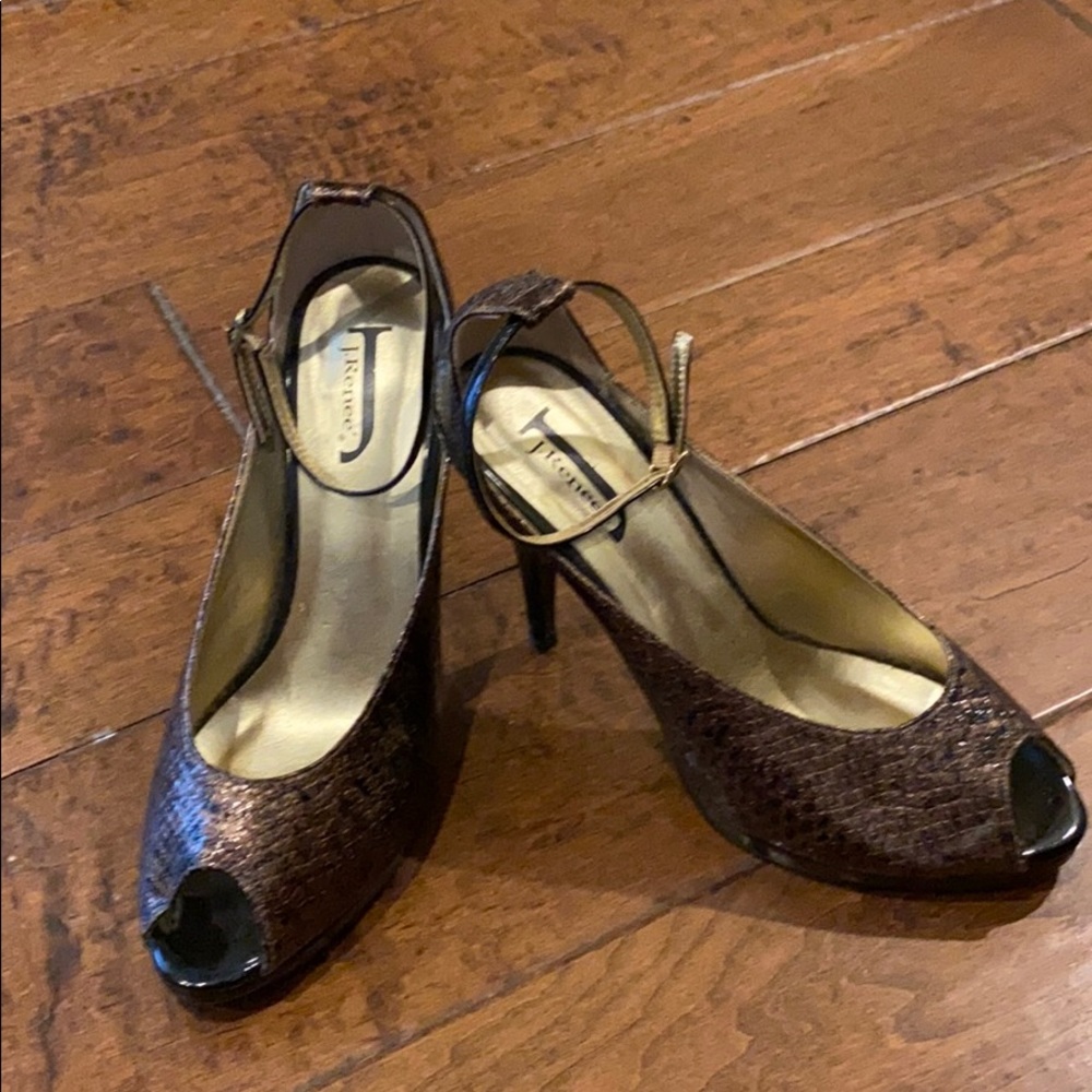 J. Renee’ Ankle Strap Faux Skin Open Toe Pumps